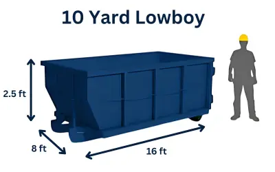 10 yard lowboy dumpster showing 16 ft length × 2.5 ft height × 8 ft width